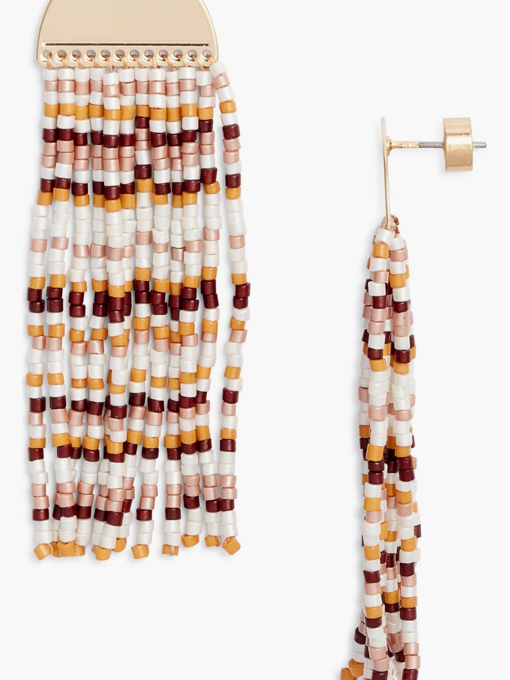 Beaded Fringe Drop Earrings - White, Gold, Blush & Burgundy